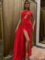 Popular One-shoulder Mermaid Side Slit Red Evening Long Prom Dresses ,PDY0116