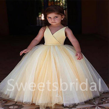 Yellow V Neck Sleeveless Tulle A Line FlowerGirl Dresses, FGS0027