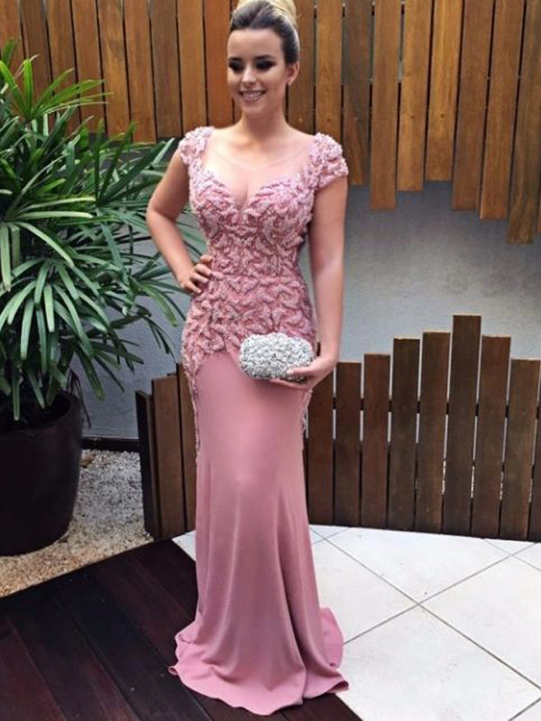 Cap Sleeves Mermaid Pink Scoop Fashion Prom Dresses, Elegant Modest Prom Dress, PDY0147