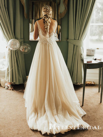 V-neck Sleeveless Long Cheap Tulle Wedding Dresses With Top Lace, TYP0013