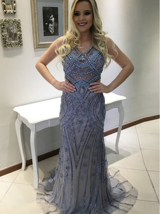 Gorgeous V-Neck Rhinestone Beaded Long Mermaid Tulle Prom Dresses, BG0163