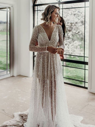Sparkly V-neck Long Sleeve A-line Open Back Wedding Dresses, TYP0014