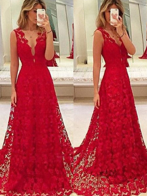 V-neck Red Lace Sleeveless Long A-line Tulle Prom Dresses, BG0273