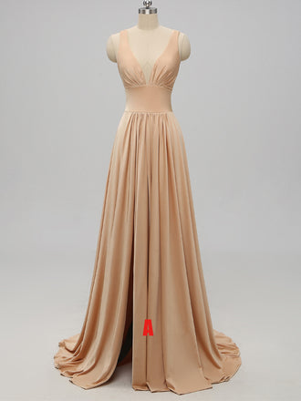 V-neck Side Slit Long Gold Bridesmaid Dresses,Sexy Bridesmaid Dresses,WGY0201