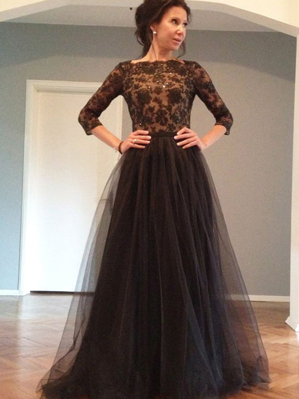 Black Lace  Long Sleeves Tulle  Backless Party Long  Fashion Prom Dresses, Evening Dress, PDY0128