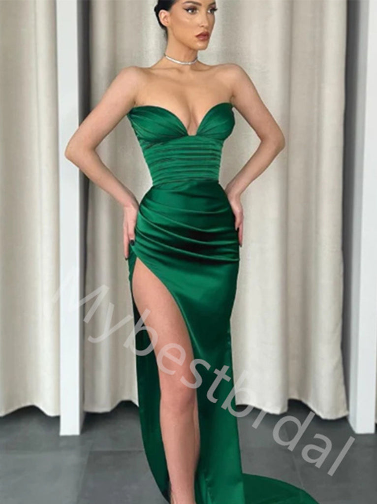 Green Soft Satin Sweetheart Strapless Pleats Mermaid Evening Gowns Prom Dresses,PDS1002