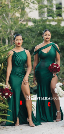 Mismatched Green Satin Long Cheap Wedding Party Bridemaid Dresses, BDS0013