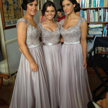 Long formal grey lace elegant a line seen through back floor-length Bridesmaid Dresses, WGY0108