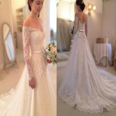 Simple Long Sleeve Off The Shoulder Lace Elegant Vintage Wedding Party Dresses,WDY0151