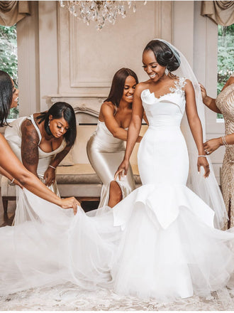 Newest One-shoulder Mermaid Satin Tulle Long Wedding Dresses With Train. WDS0111