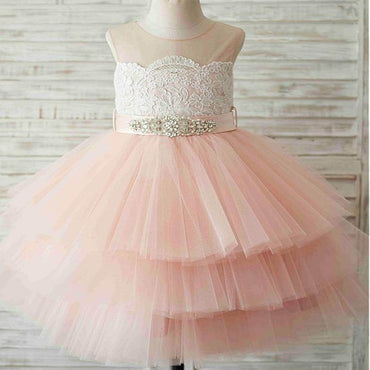 Unique Tulle & Satin Jewel Neckline Knee-length Ball Gown Flower Girl Dresses With Belt & Beadings, FGY0153