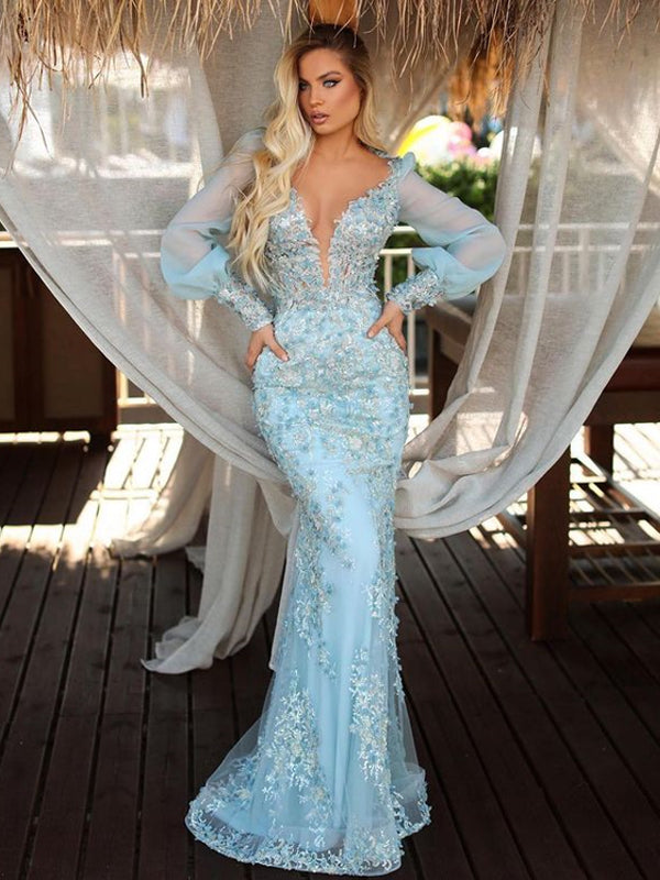 Charming Deep V-neck Long Sleeve Mermaid Appliques Long Prom Dresses, PDS0204