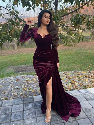 Sexy Burgundy V-neck Side Slit Velve Evening Long Prom Dresses Online,PDY0119