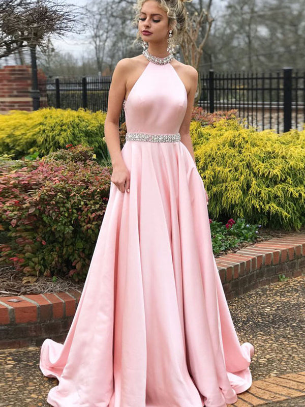 Sexy Backless Pink Halter A-line Long Prom Dresses,Evening Party Dresses ,PDY0310