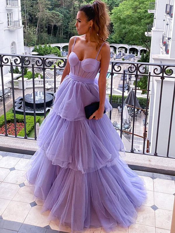 A-line Spaghetti Straps Simple Tulle A-line Long Prom Dresses.PDY0115
