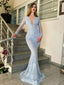 Popular Deep V-neck Long Sleeve Lace Beads Evening Long Prom Dresses,PDY0145