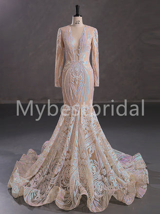 Sexy V-neck Long sleeves Mermaid Prom Dresses,PDS0517