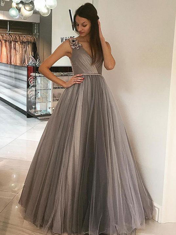 Charming V-Neck A-line Tulle Long Prom Dresses, BG0001