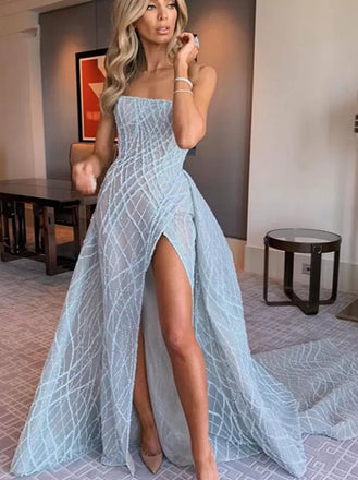 Sexy Strapless Sleeveless Side slit A-line Prom Dresses,PDS1021