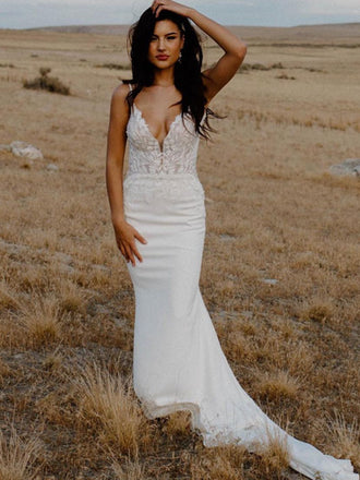 Simple V Neck Lace Mermaid Charming Wedding Dresses Online, WDY0241