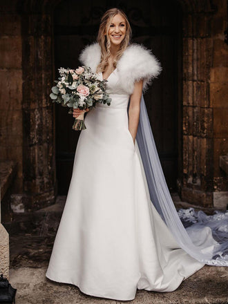 Simple Vintage V-neck Satin A-line Winter Wedding Dresses Online,WDY0242