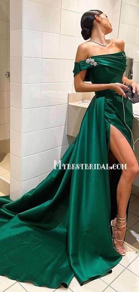Charming Straight Mermaid Satin Side Slit Green Long Prom Dresses, PDS0203
