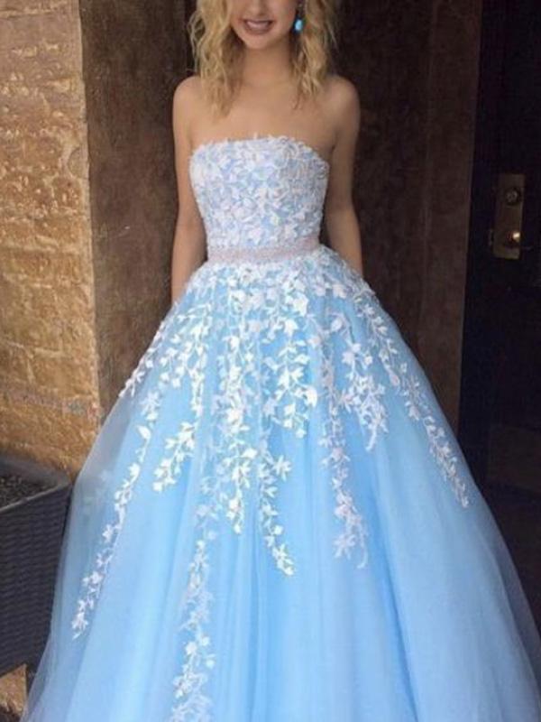 A-line Strapless Sky_Blue Tulle Long Prom Dresses,Cheap Prom Dresses,PDY0471