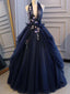 Navy Blue Halter Appliques Backless Prom Dresses,Cheap Prom Dresses,PDY0641