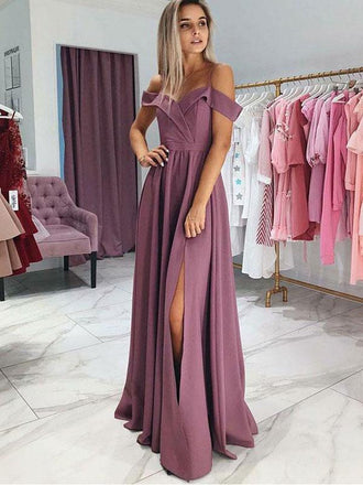 A-Line Spaghetti Straps Purple Satin Long Prom Dress With Split,Cheap Prom Dresses,PDY0533