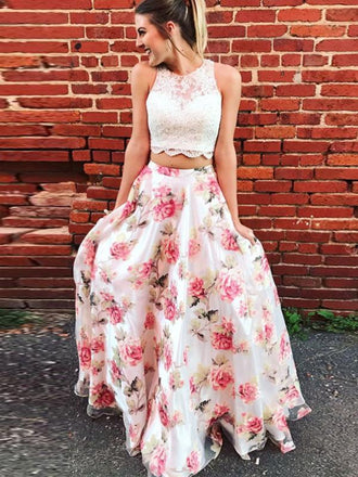 Two Piece Round Neck Floral Lace Prom Dresses,Cheap Prom Dresses,PDY0492
