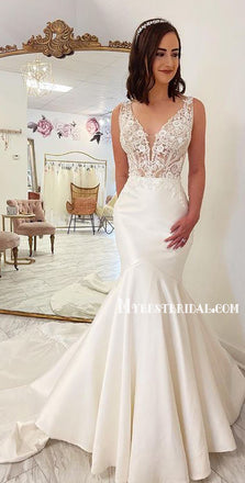 Simple V Neck Mermaid Lace Satin Cheap Wedding Dresses, WDY0267