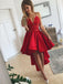 A-Line Spaghetti Straps Asymmetric Red Satin Homecoming Dress With Lace,Short Prom Dresses,BDY0327