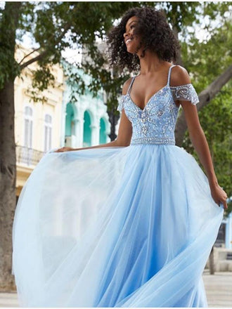Spaghetti Straps Beaded Blue Long Prom Dresses ,Cheap Prom Dresses,PDY0439