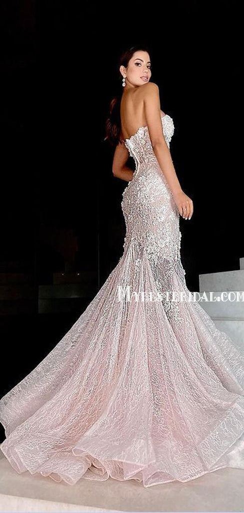 Elegant Sweetheart Mermaid Lace Appliques Long Prom Dresses, PDS0232