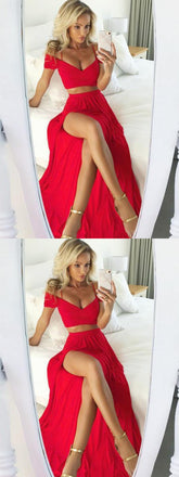 Red Two Pieces Side Slit Off Shoulder Floor-Length Prom Dresses,PDY0159