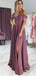 A-Line Spaghetti Straps Purple Satin Long Prom Dress With Split,Cheap Prom Dresses,PDY0533