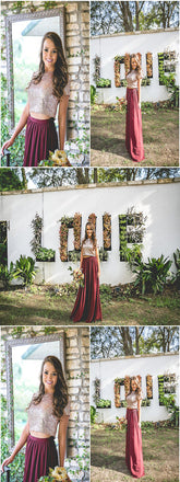 High Neck Two Piece Sequin Burgundy Bridesmaid Dress,Cheap Bridesmaid Dresses,WGY0204