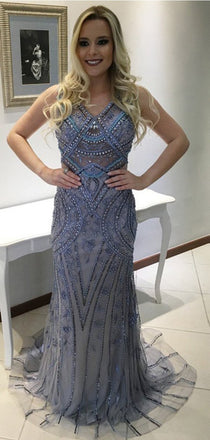 Gorgeous V-Neck Rhinestone Beaded Long Mermaid Tulle Prom Dresses, BG0163