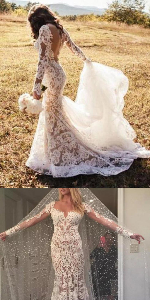 Mermaid V-neck Long Sleeves White Lace Wedding Dresses.Cheap Wedding Dresses, WDY0270