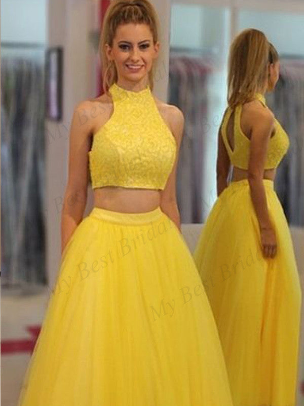 Two Piece High Neck Yellow Tulle Evening Dresses ,Cheap Prom Dresses,PDY0576