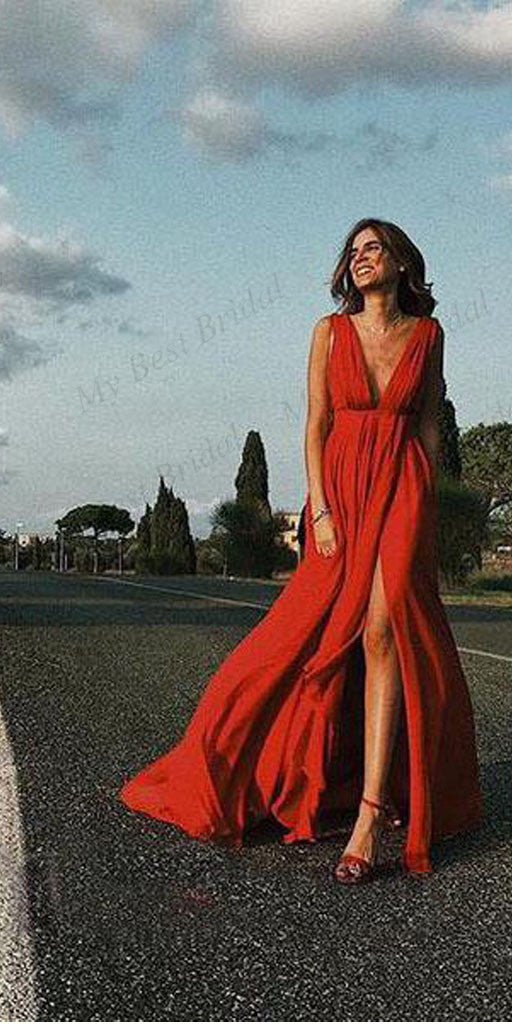 Deep V-neck Red Chiffon Evening Dresses ,Cheap Prom Dresses,PDY0583