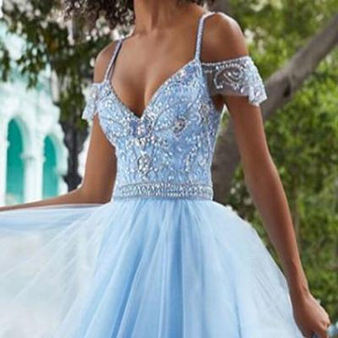 Spaghetti Straps Beaded Blue Long Prom Dresses ,Cheap Prom Dresses,PDY0439
