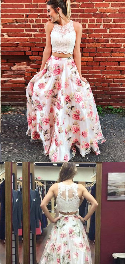 Two Piece Round Neck Floral Lace Prom Dresses,Cheap Prom Dresses,PDY0492