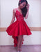 A-Line Spaghetti Straps Asymmetric Red Satin Homecoming Dress With Lace,Short Prom Dresses,BDY0327