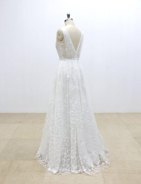 Simple V Neck Lace Cheap A-line Wedding Dresses Online, WDY0240