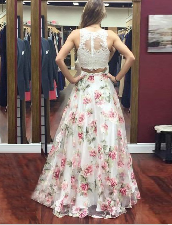 Two Piece Round Neck Floral Lace Prom Dresses,Cheap Prom Dresses,PDY0492