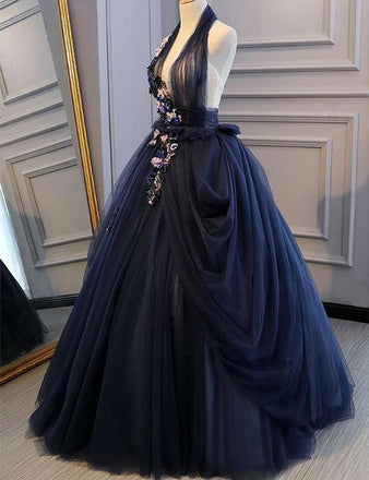 Navy Blue Halter Appliques Backless Prom Dresses,Cheap Prom Dresses,PDY0641