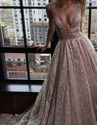 A-Line Deep V-Neck Tulle Sequins Floor-Length Long Sexy Party Prom Dress. PDY0206