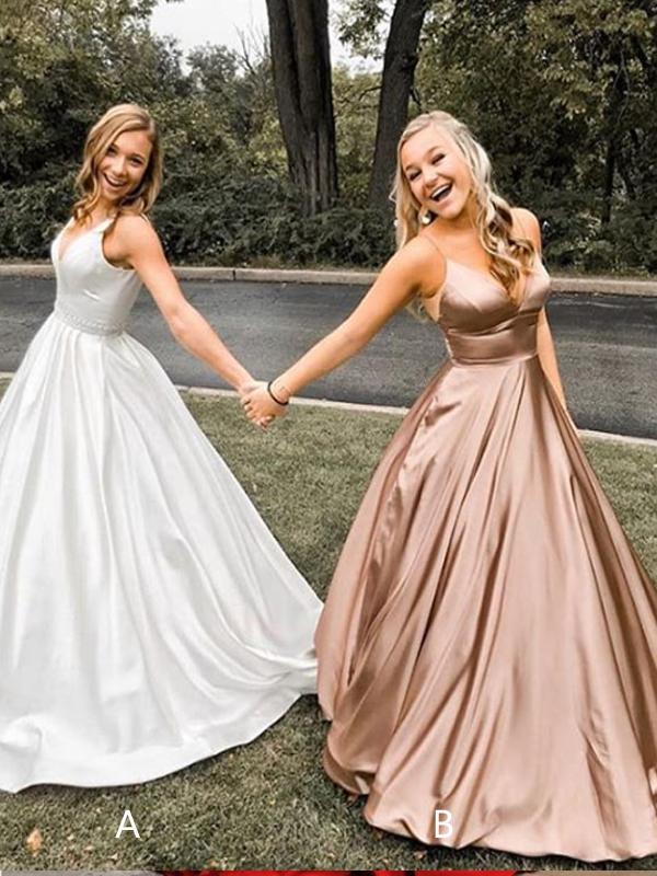 V-neck A-line Satin Prom Dresses, Gold Prom Dresses