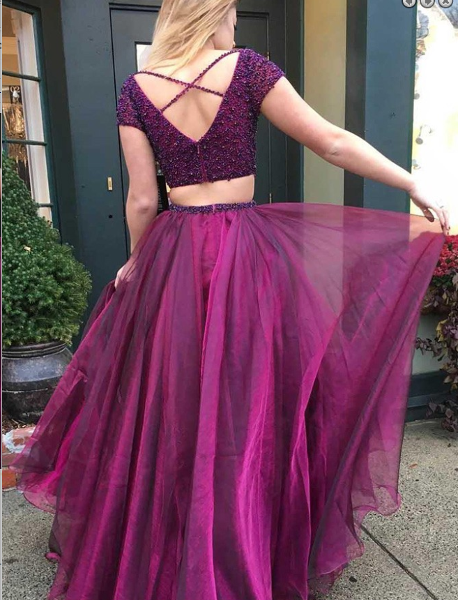 Two Piece V-Neck Short Sleeves Purple Tulle Beaded Prom Dresses,Cheap Prom Dress,PDY0388
